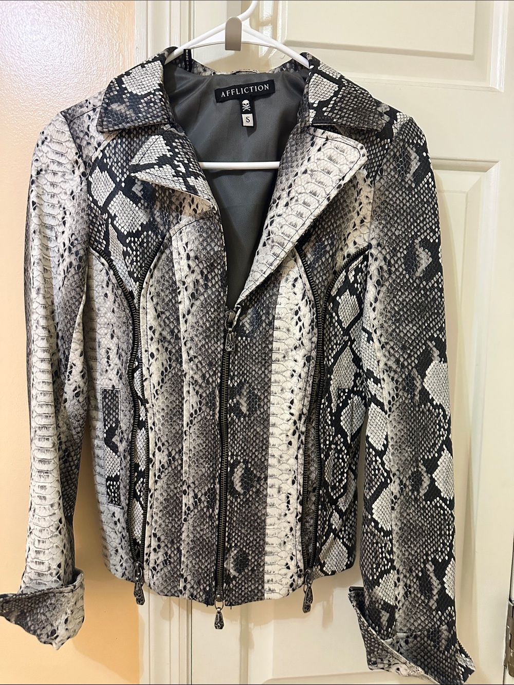 Affliction Black & White Snake-Print Leather Moto Jacket